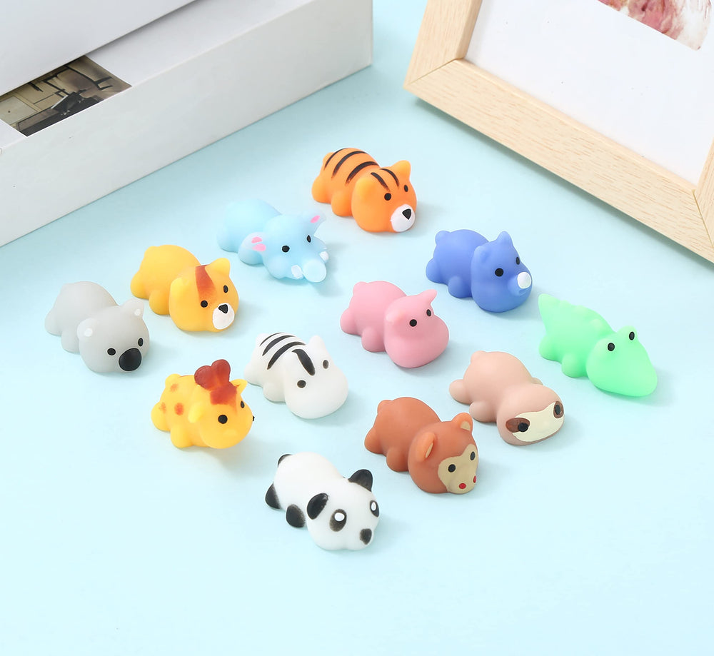 Ganjiang Mochi Squishy Animals 12-pack display, colorful and tactile for stress relief
