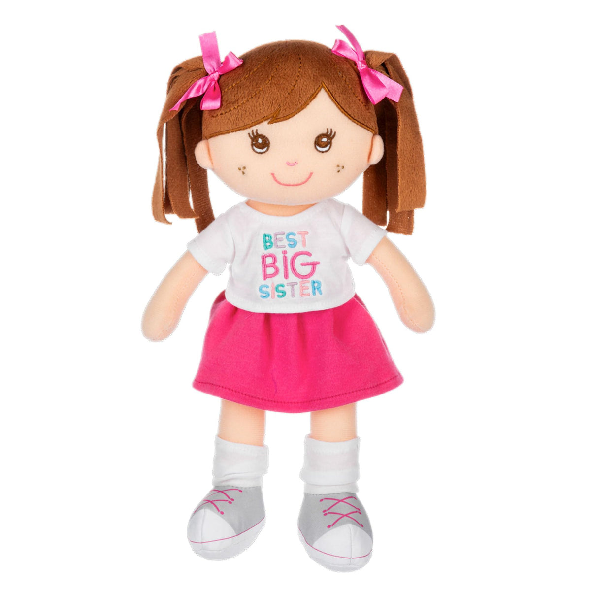 Ganz Best Big Sister plush doll with pink skirt and brown hair, a comforting keepsake