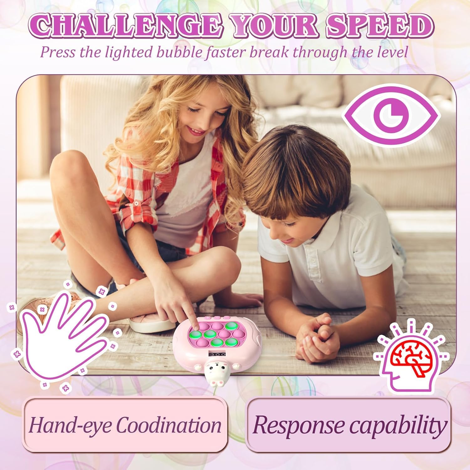 GAPER GO fast push light up fidget toy; easy-clean surface simplifies after-play cleanup.