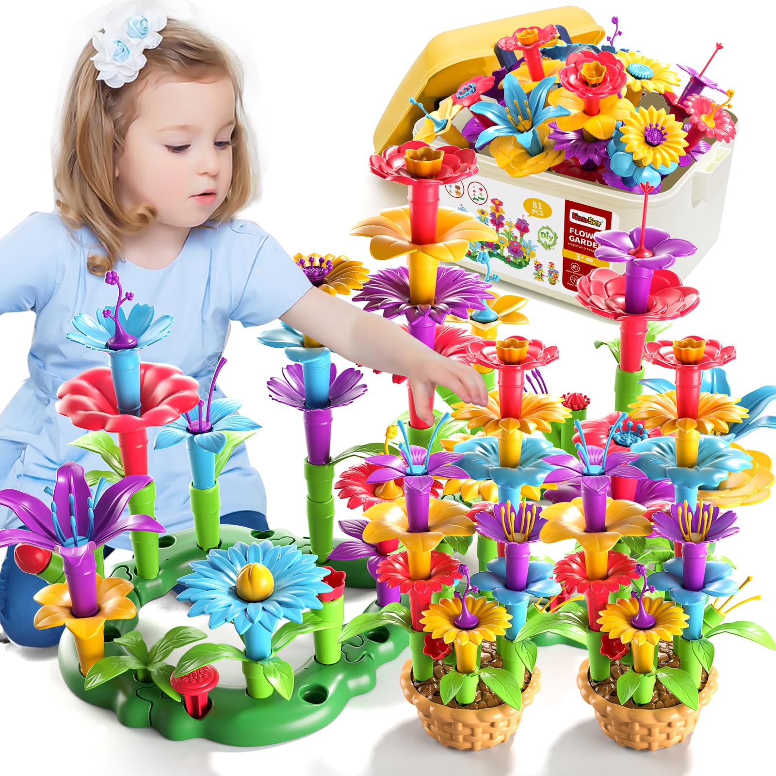 Garbo Star 81-piece flower garden parts for imaginative play and room-friendly decor.