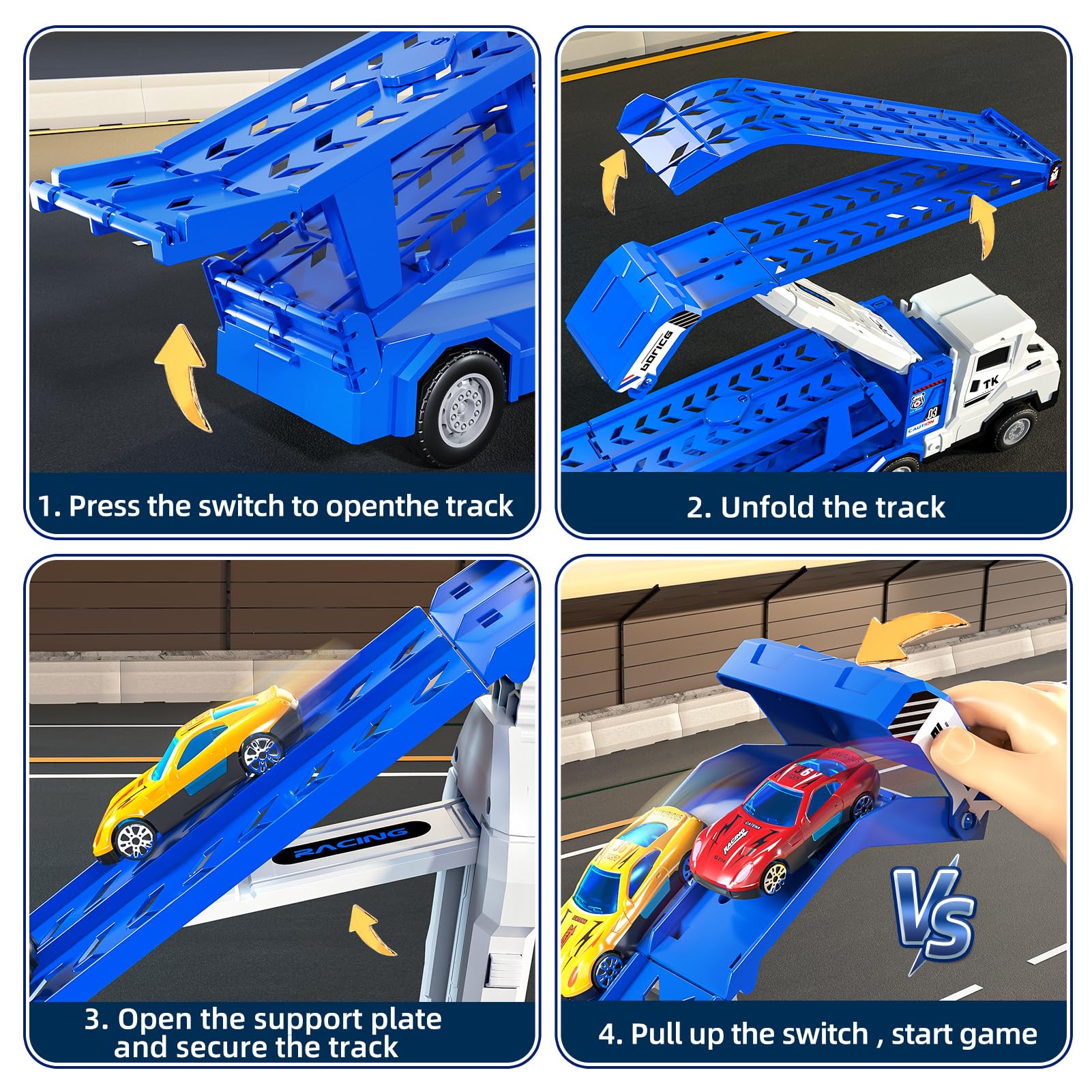 Garbo Star bright colors help kids recognize cars and tracks.