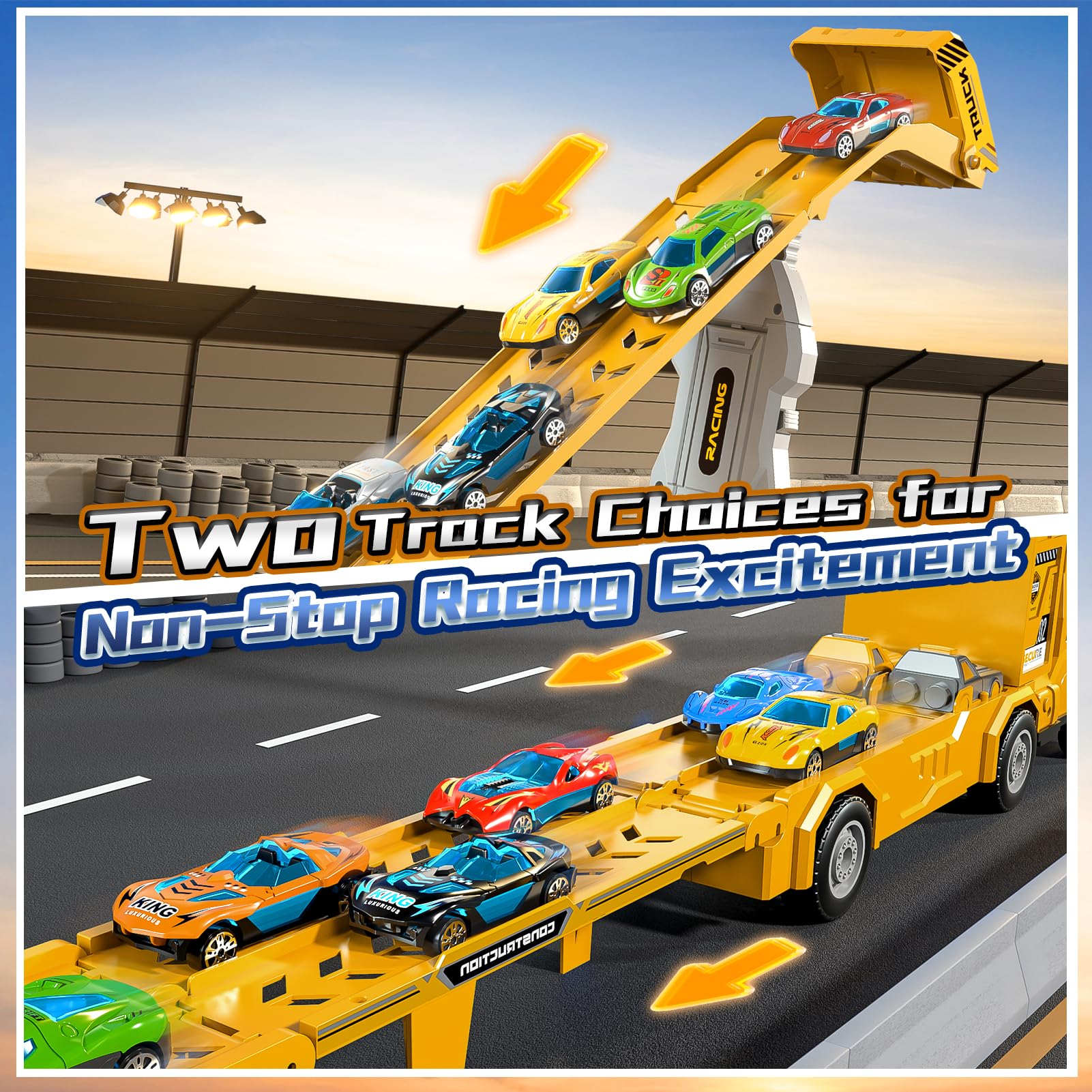 Garbo Star race catapults with easy release levers boost fast paced racing fun.