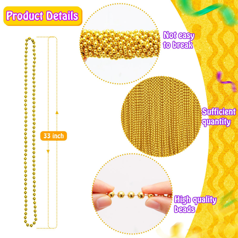 Garma Mardi Gras beads closeup in gold showing shimmering texture for costumes.