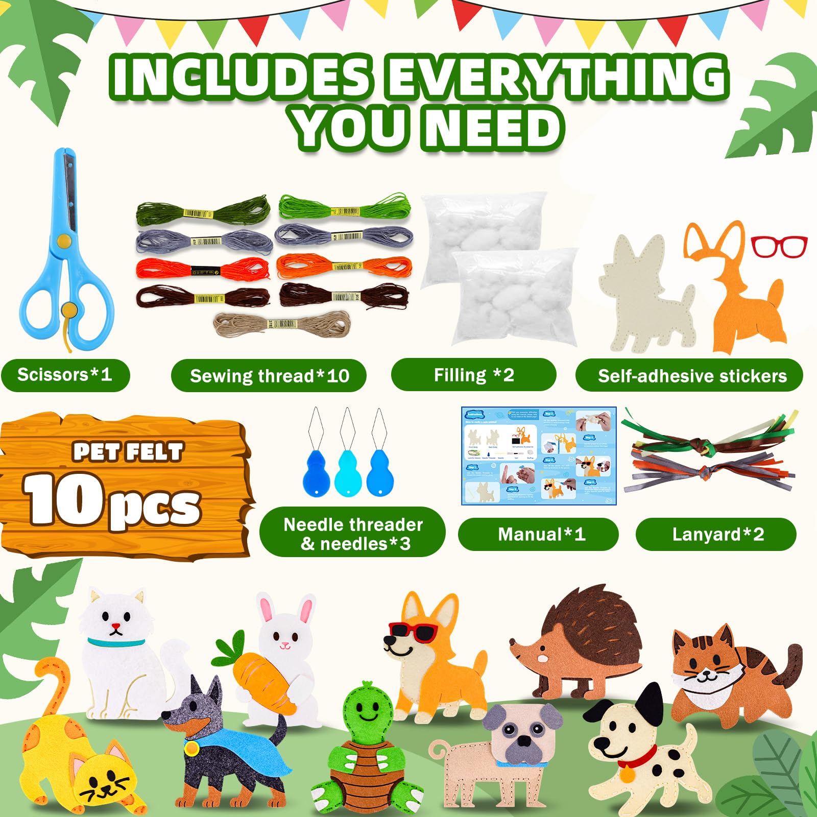 Garma Puppy Sewing Kit contents spread featuring felt animals and threads for creativity.