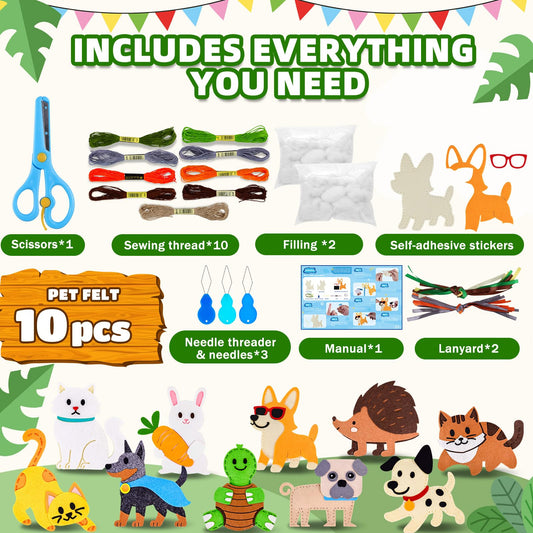 Garma Puppy Sewing Kit contents spread featuring felt animals and threads for creativity.