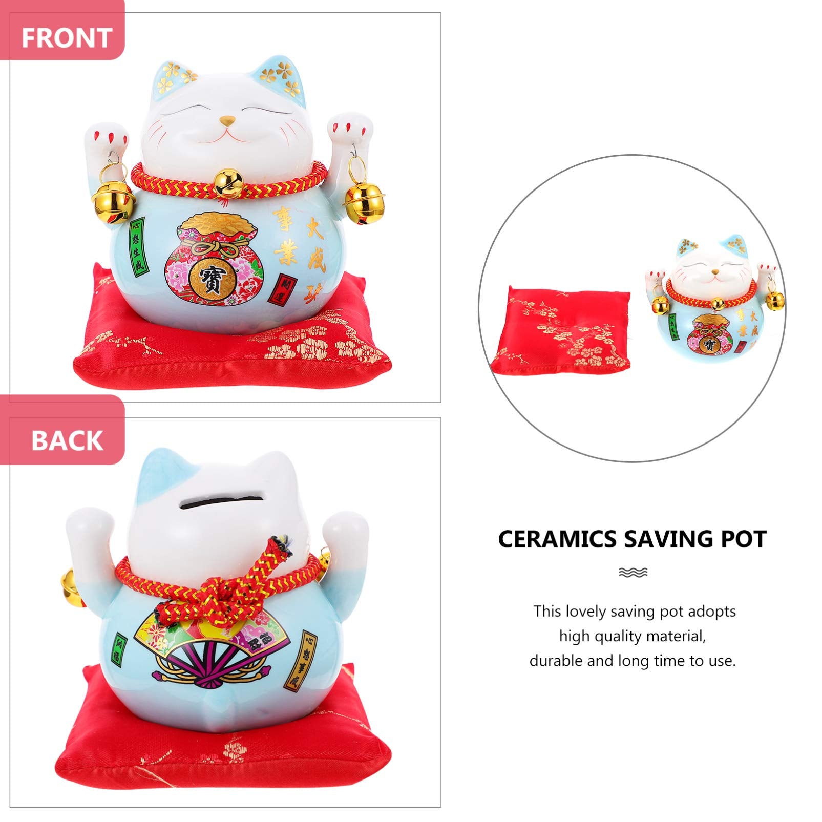 Garneck Lucky Cat Money Bank on a desk beside a notebook for easy access.