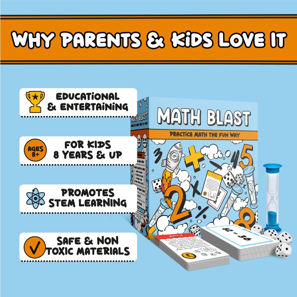 Gartana Games Math Blast equation cards cover addition to division for varied problem sets.