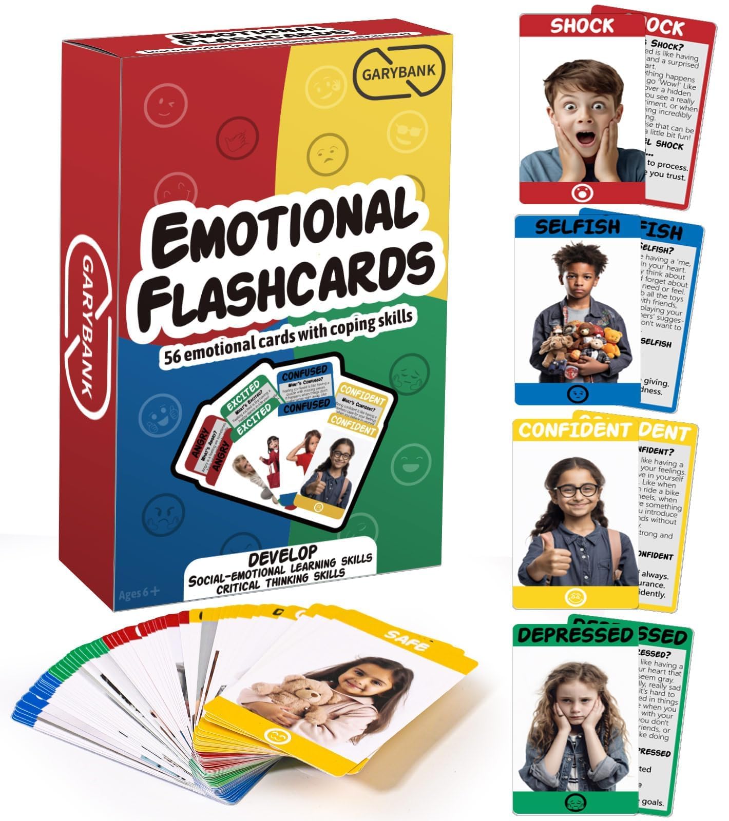 Garybank Emotion Cards front photos show real expressions for relatable emotion recognition.