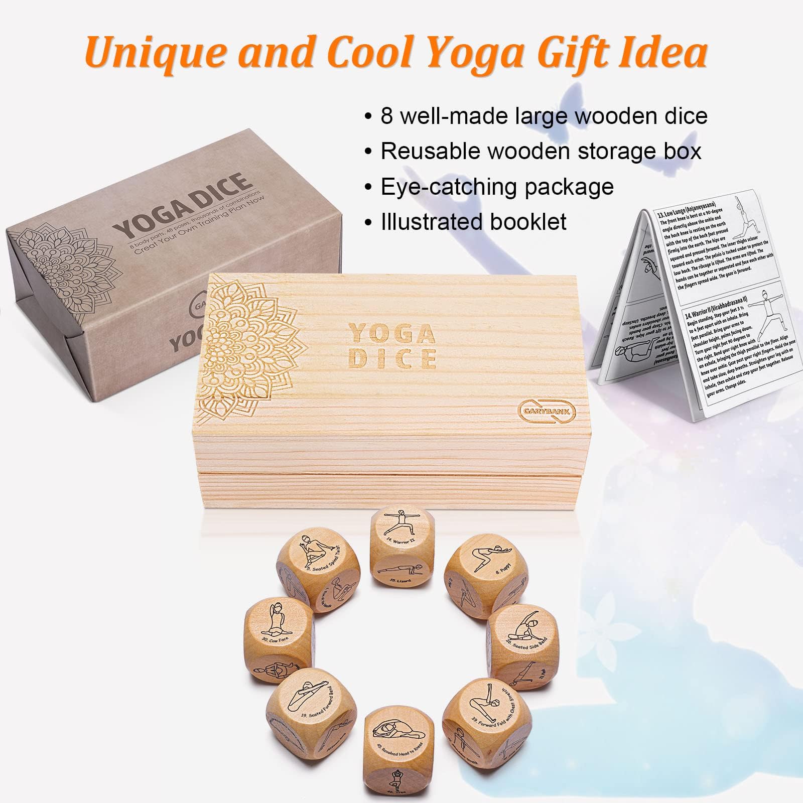 Garybank Yoga Dice laid out to show eight dice for varied workouts.