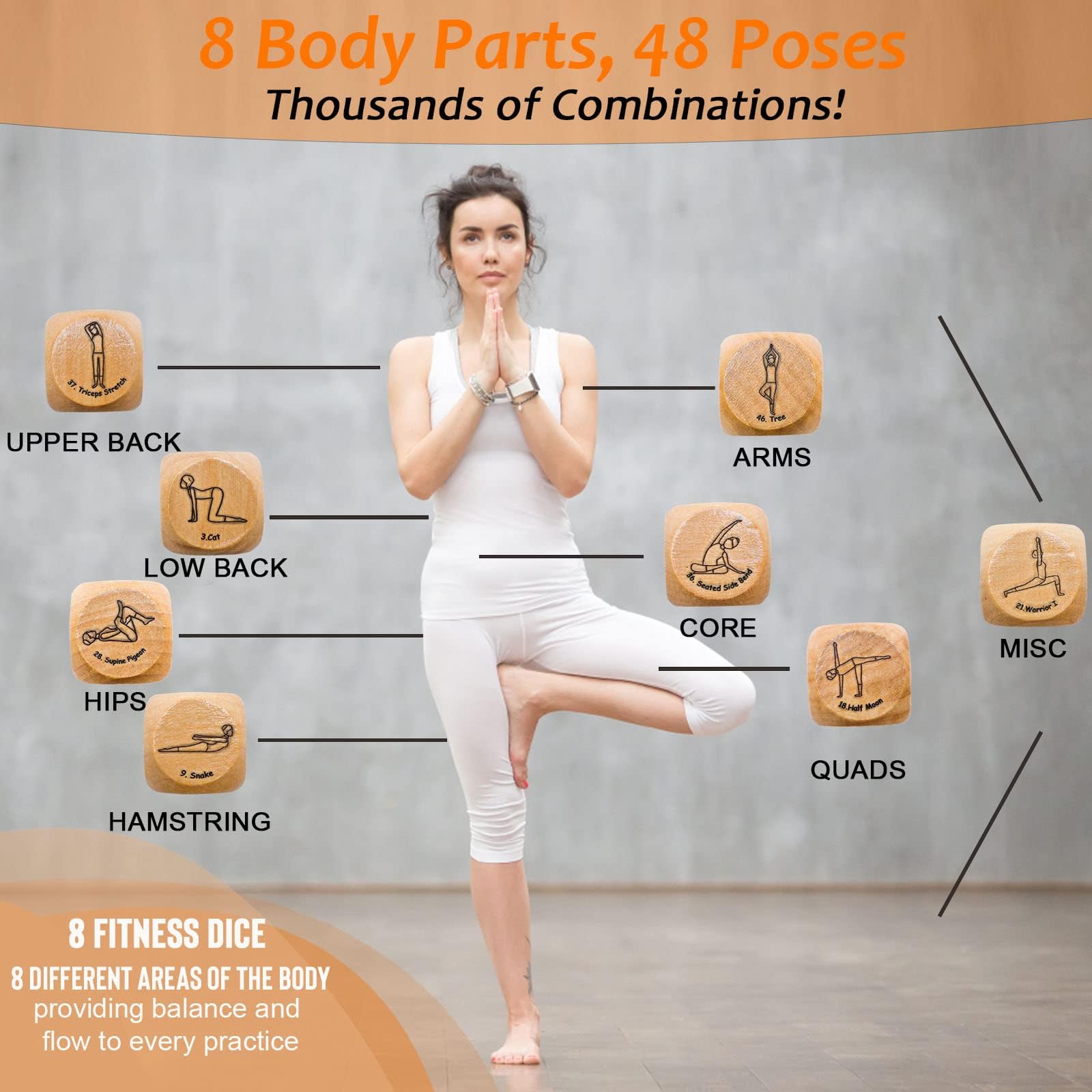 Garybank Yoga Dice pose illustrations highlight simple to complex options.