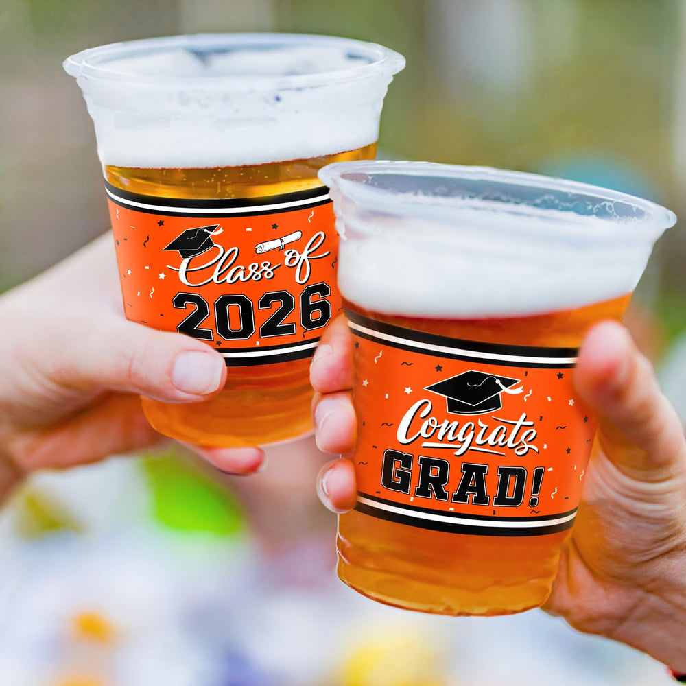 Gatherfun 16oz plastic cups designed for cocktails, beer, and beverages at grads' events.