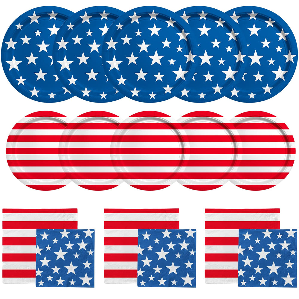 Gatherfun American flag dinner plate with bold stars and stripes for patriotic parties and easy cleanup.