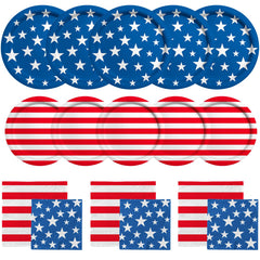 Gatherfun American flag dinner plate with bold stars and stripes for patriotic parties and easy cleanup.