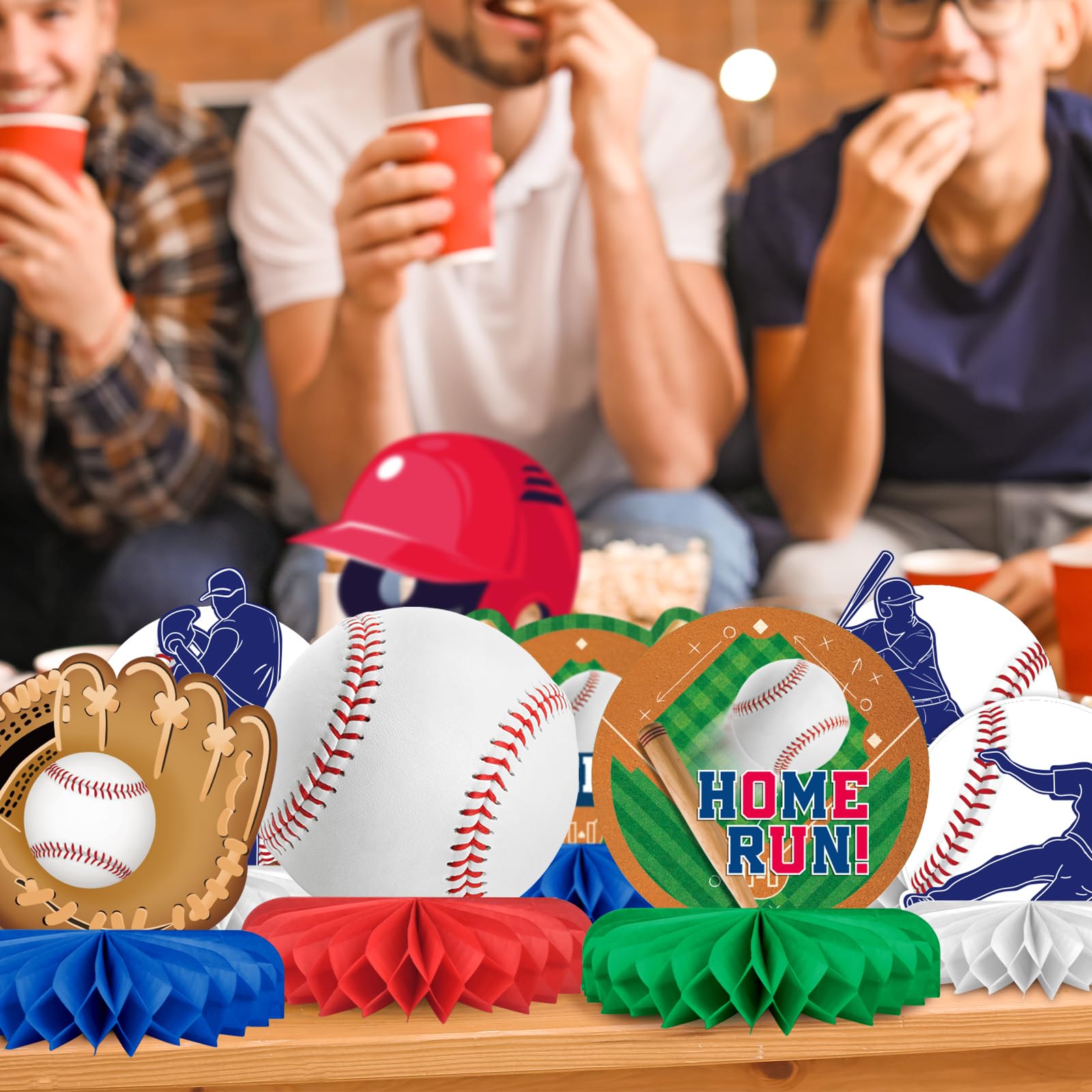 Gatherfun Baseball Honeycomb Centerpiece showing classic baseballs for nostalgic decor.