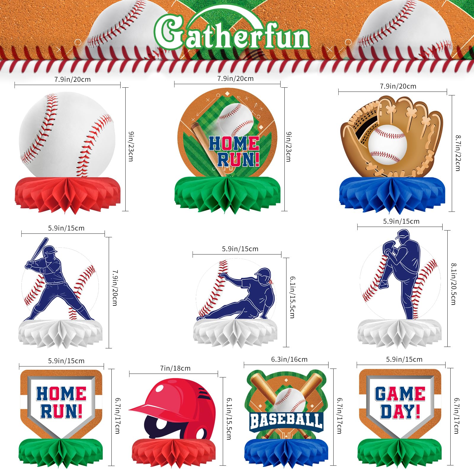 Gatherfun Baseball Honeycomb Centerpiece with a green field scene for authentic ambiance.