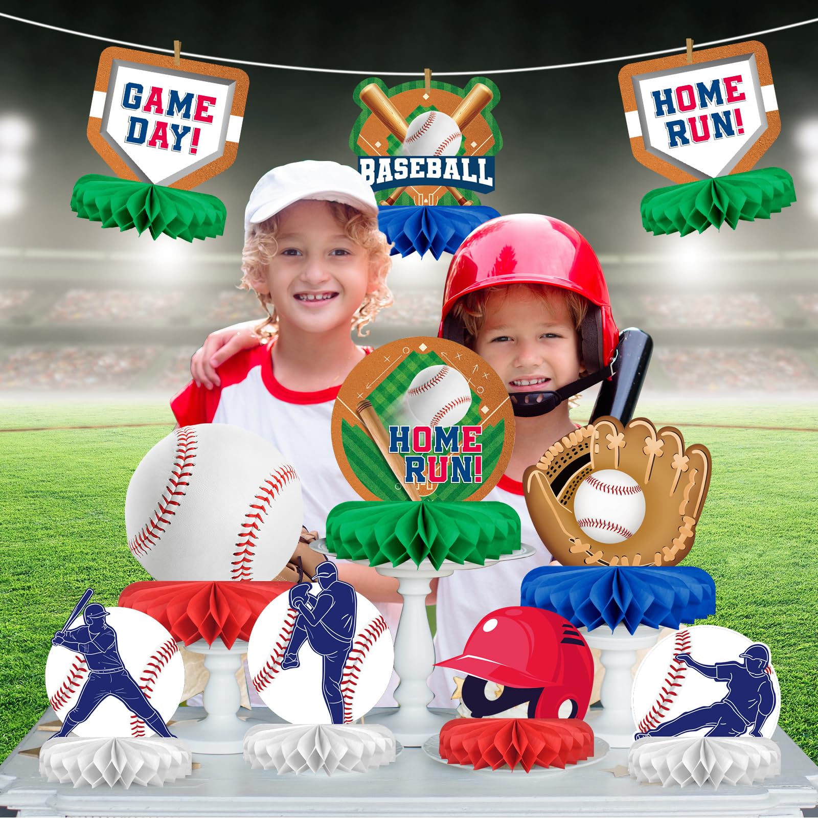 Gatherfun Baseball Honeycomb Centerpiece suitable for outdoor game day setups.
