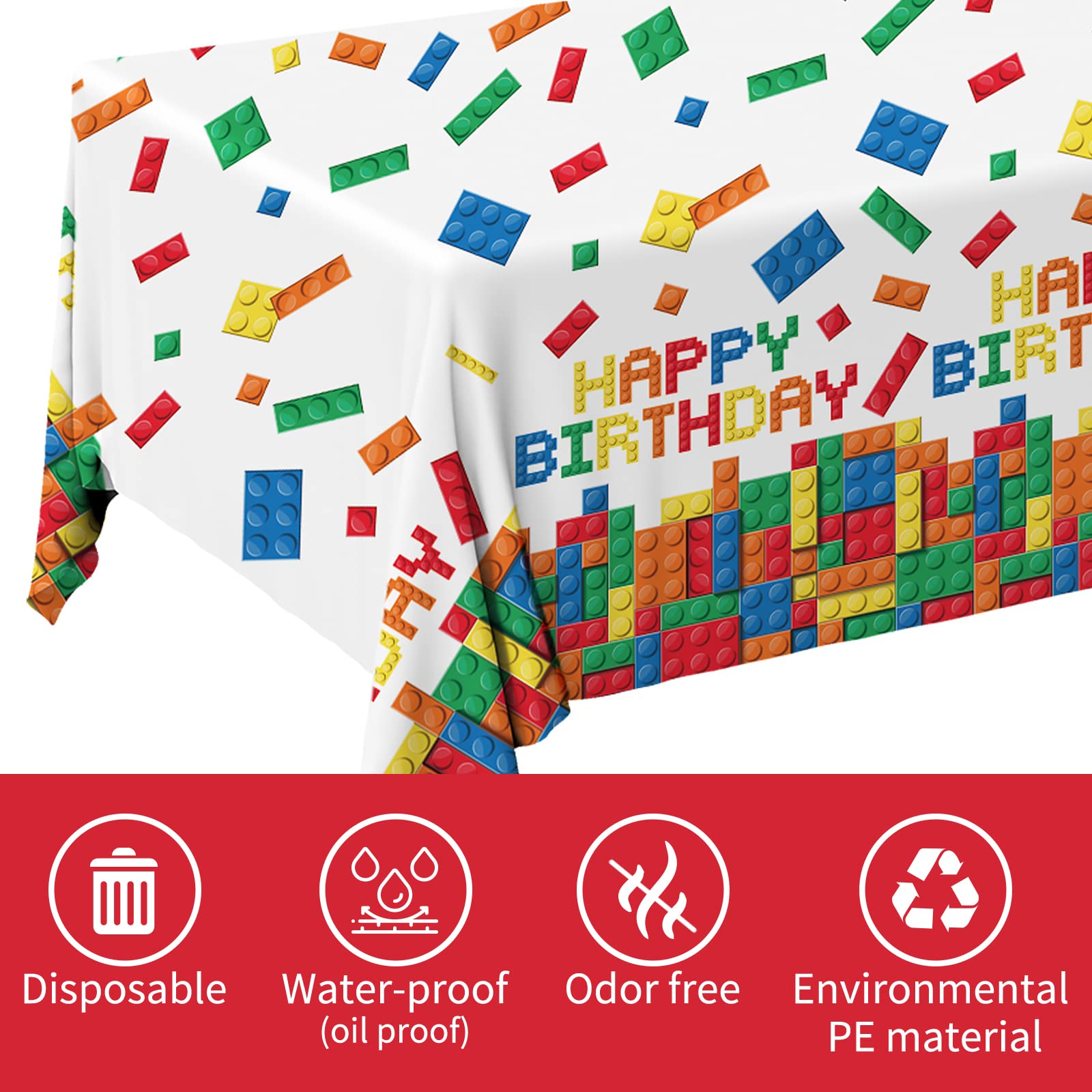 Gatherfun building-block tablecloth showing bright colors for a festive kids' party.