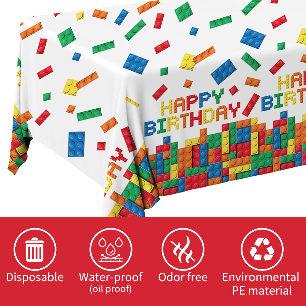Gatherfun building-block tablecloth showing bright colors for a festive kids' party.