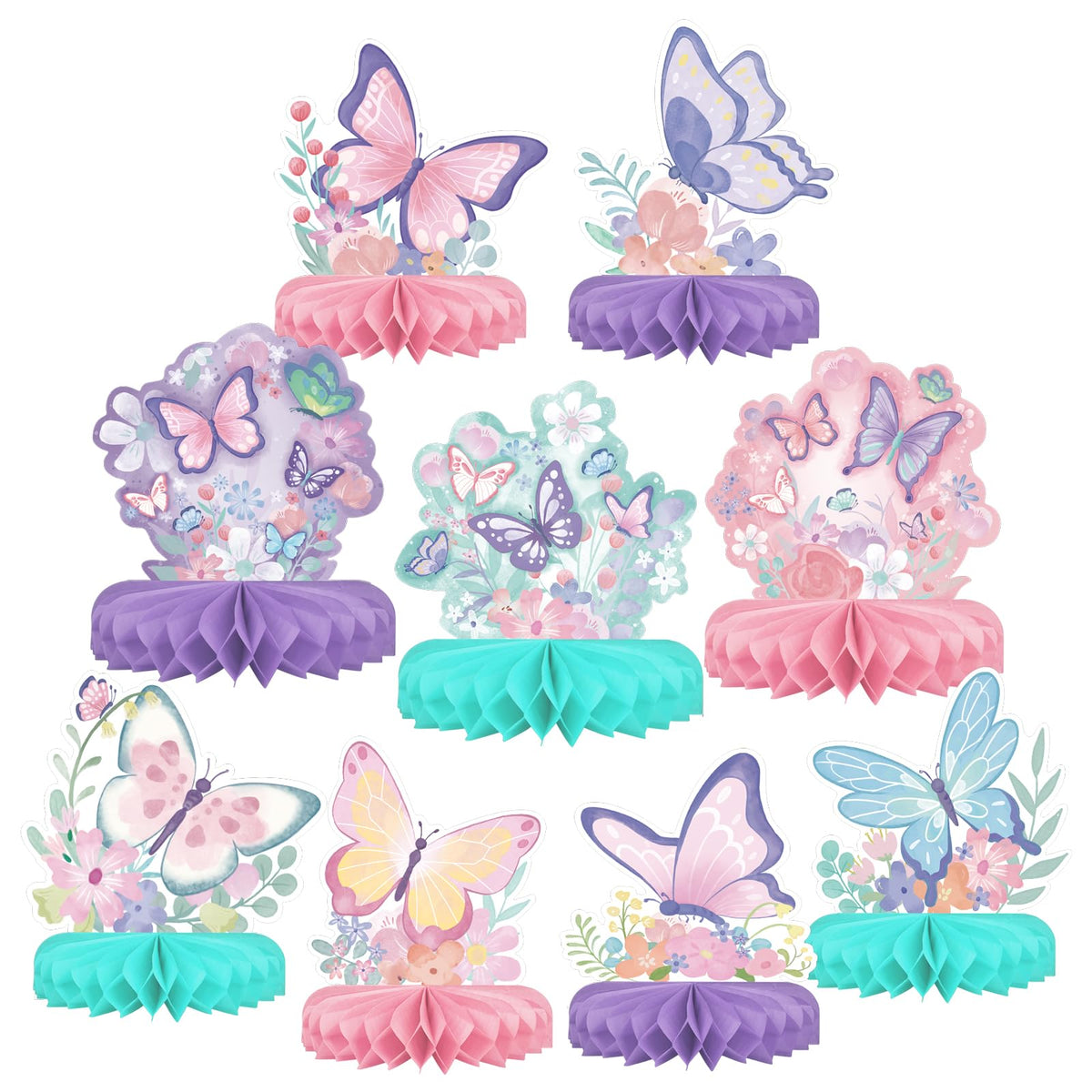 Gatherfun butterfly honeycomb centerpiece set enhances the party table with vibrant, eye-catching decor.