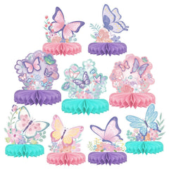 Gatherfun butterfly honeycomb centerpiece set enhances the party table with vibrant, eye-catching decor.