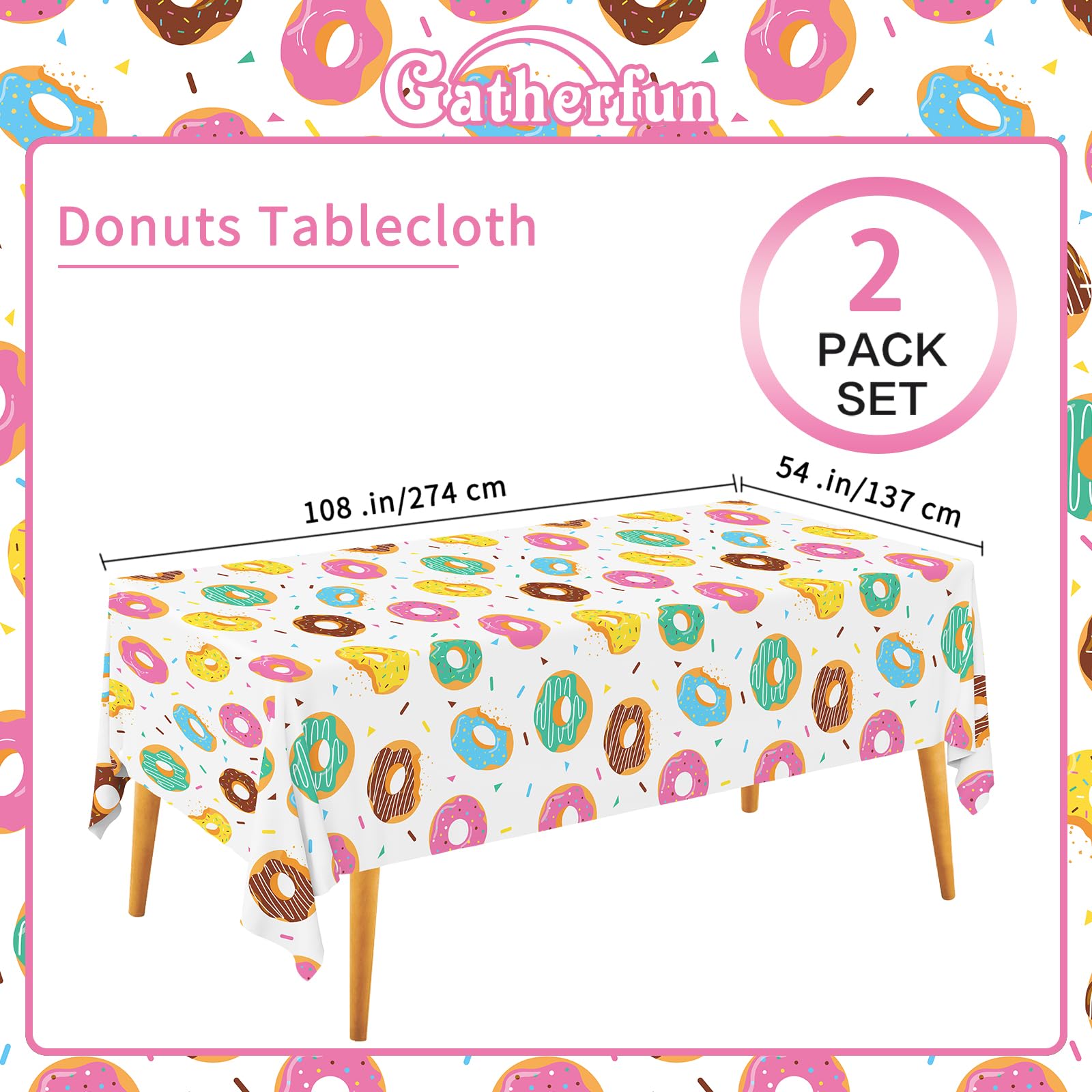 Gatherfun donut tablecloth closeup colorful sprinkles design for festive tables.