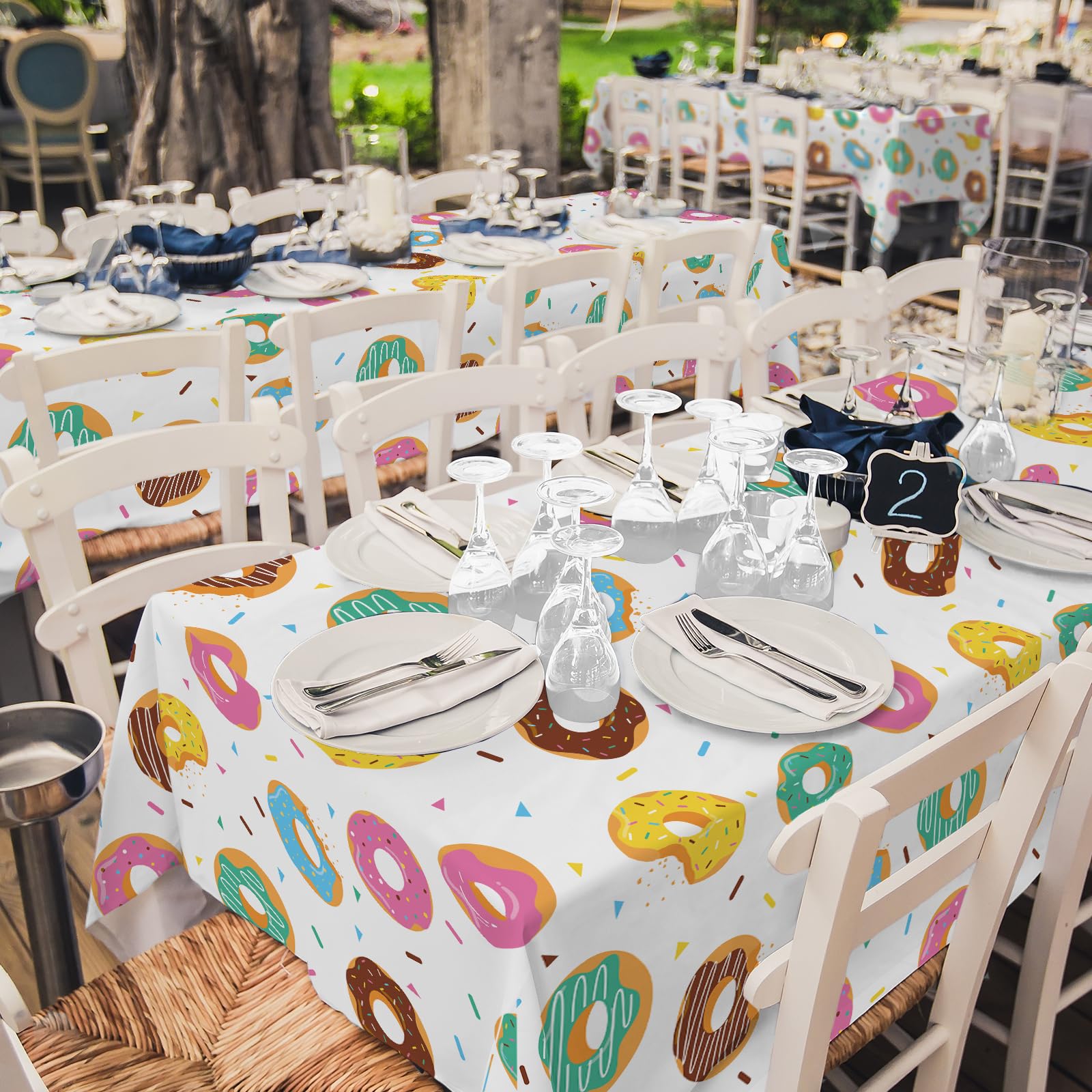 Gatherfun donut tablecloth donut-theme setup inspires playful party ambience.