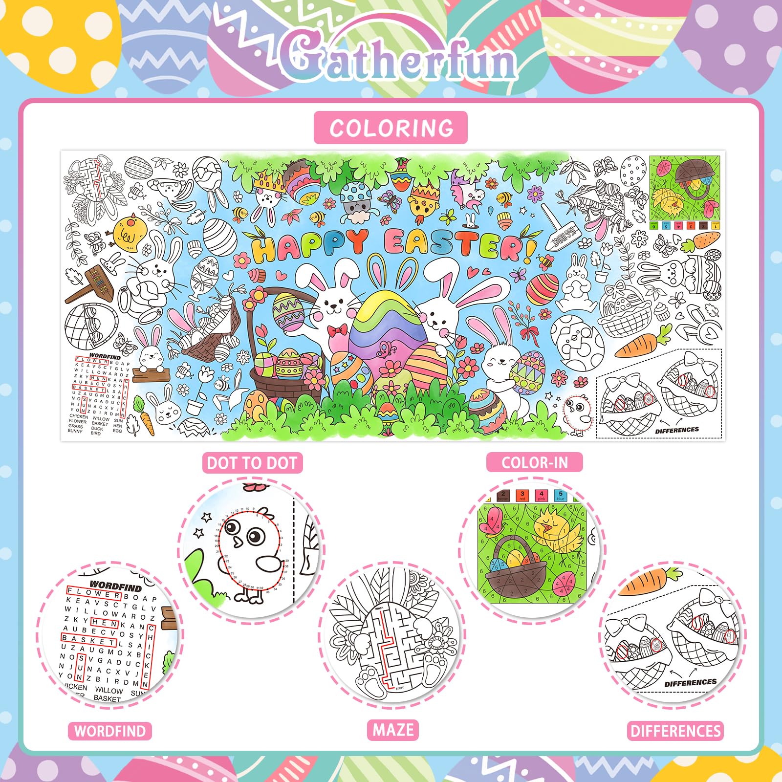 Gatherfun large Easter poster table cover—durable white kraft surface resists ink bleed