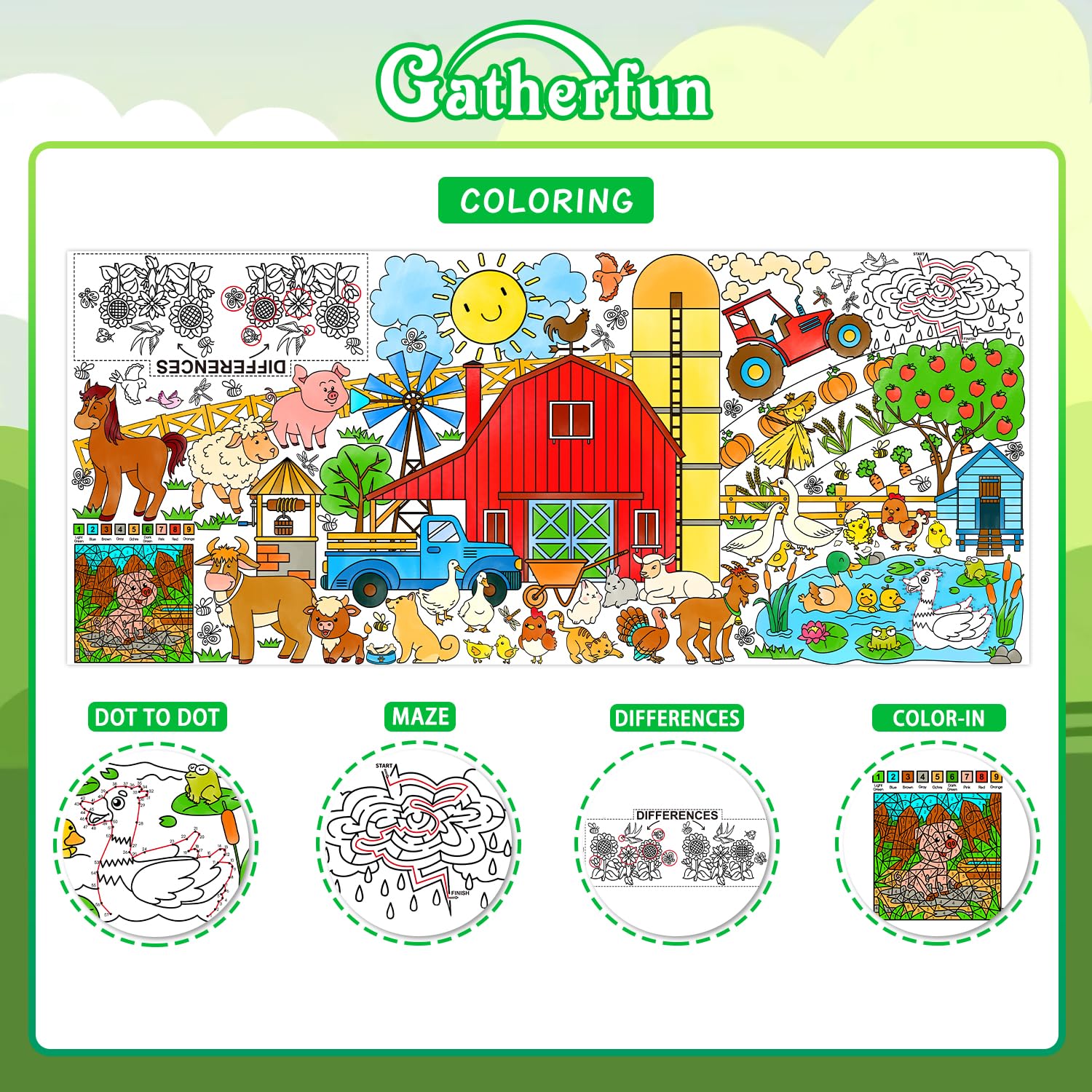 Gatherfun farm animals theme poster features pigs, ducks, cows, and sheep to spark creativity.