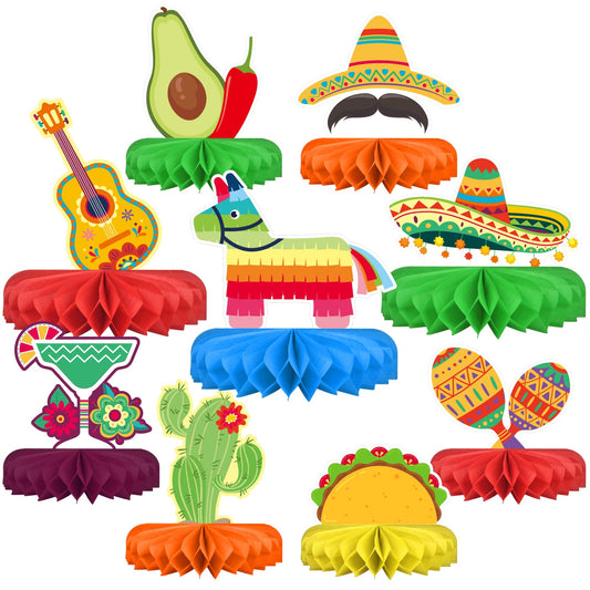 Gatherfun fiesta centerpieces with colorful honeycomb bases for festive Cinco de Mayo decor.
