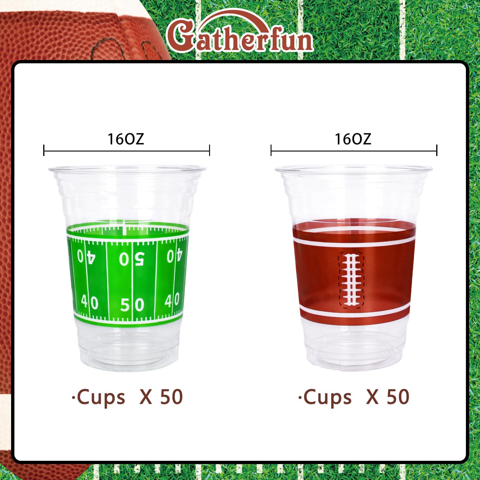 Gatherfun football-pattern cups showcase yard lines for party decor