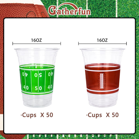 Gatherfun football-pattern cups showcase yard lines for party decor
