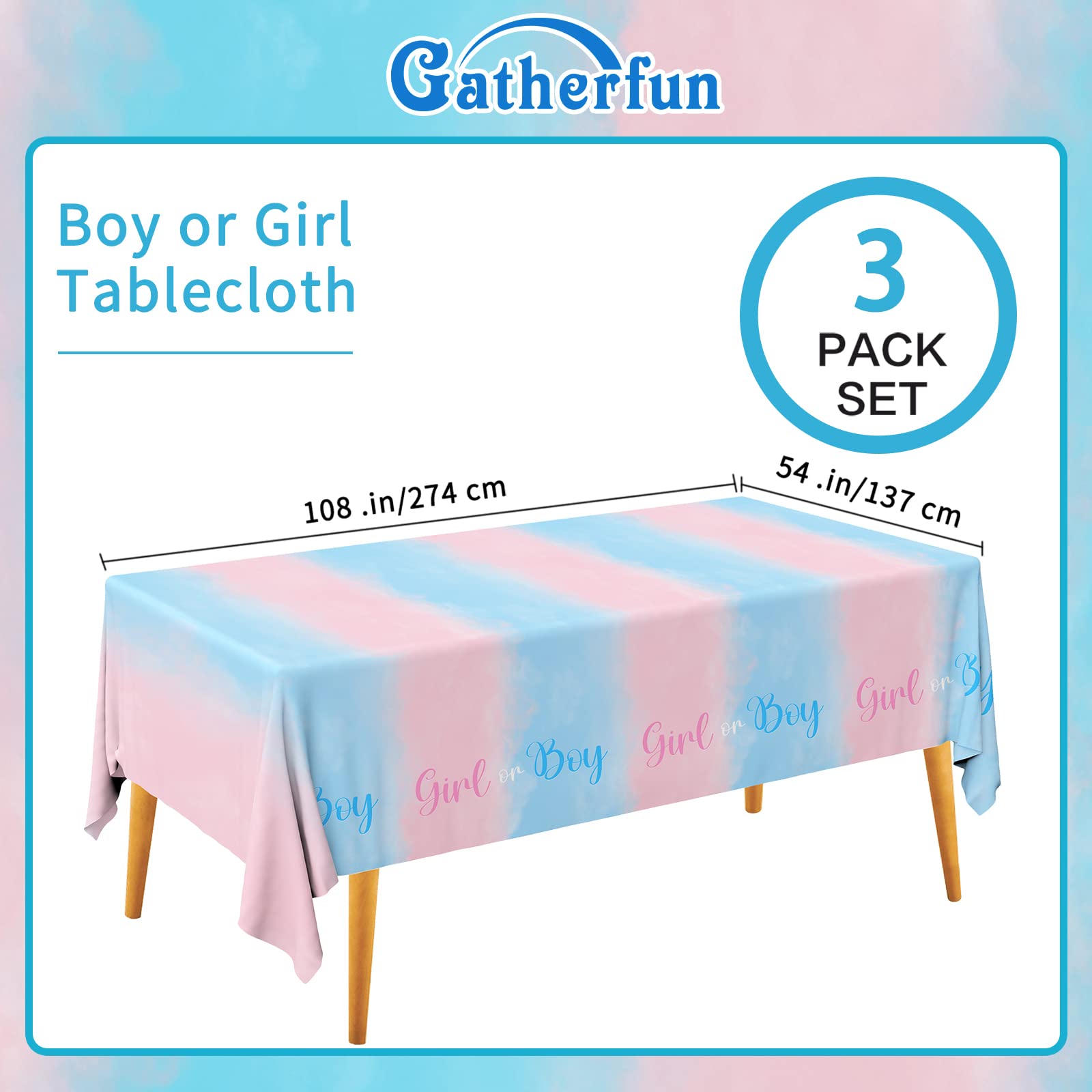 Gatherfun pink-blue color scheme highlights the gender reveal while protecting your table.