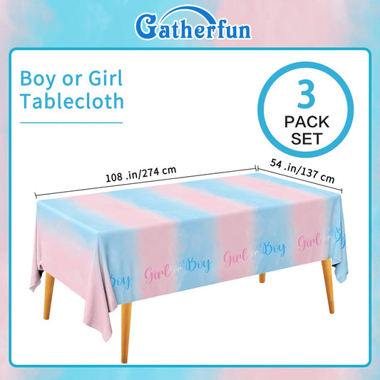Gatherfun pink-blue color scheme highlights the gender reveal while protecting your table.