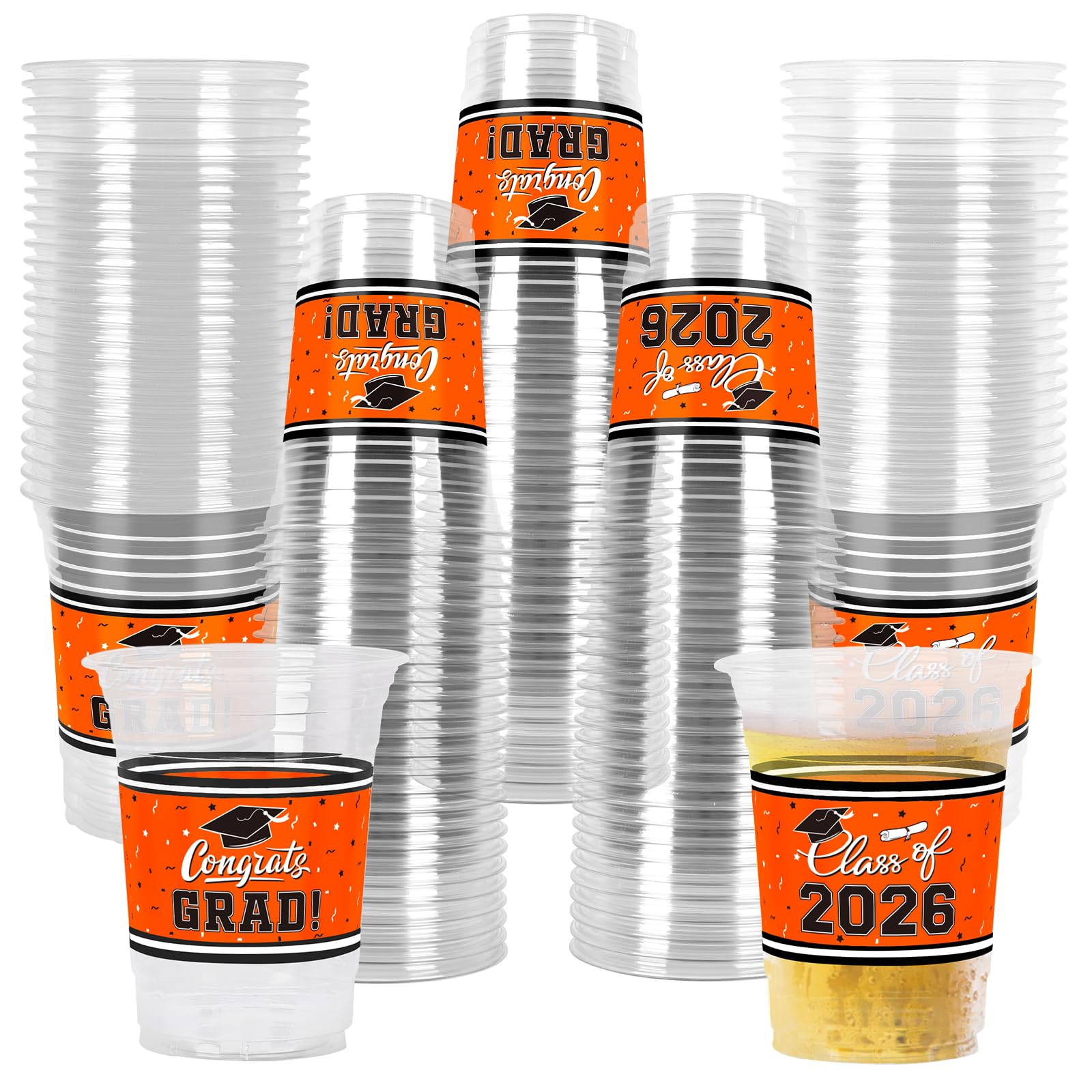 Gatherfun graduation cups with hats and scrolls, sturdy 16oz capacity for easy party service.