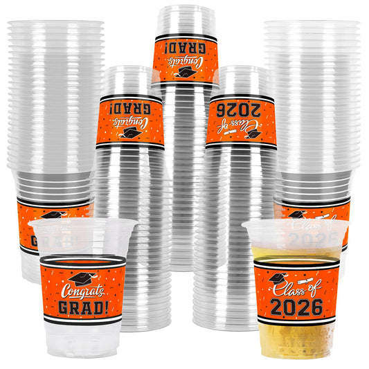 Gatherfun graduation cups with hats and scrolls, sturdy 16oz capacity for easy party service.