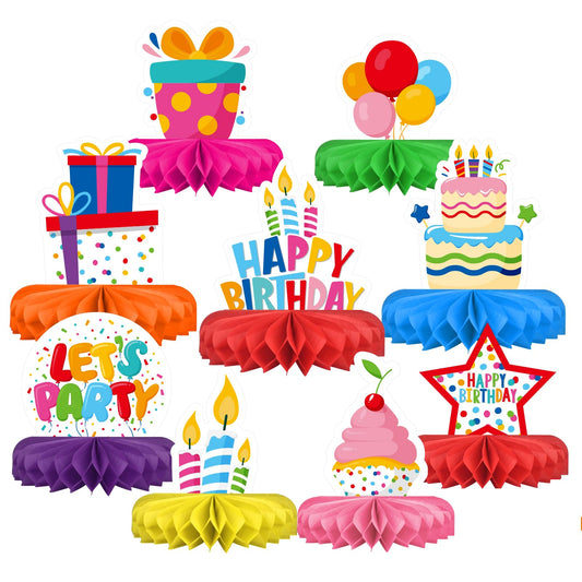 Gatherfun honeycomb centerpiece in colorful balloons brightens the birthday table.