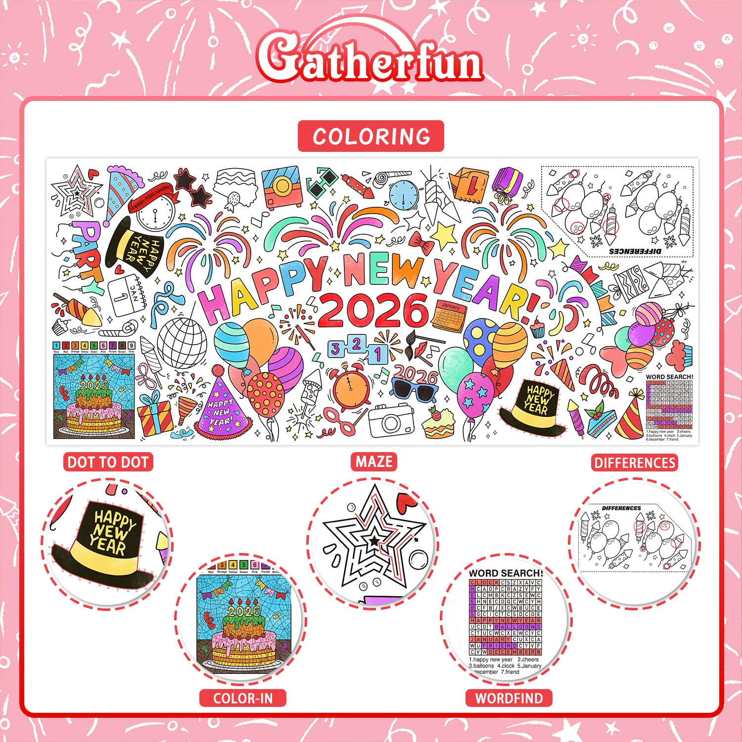 Gatherfun Happy New Year poster used as a table cover for parties