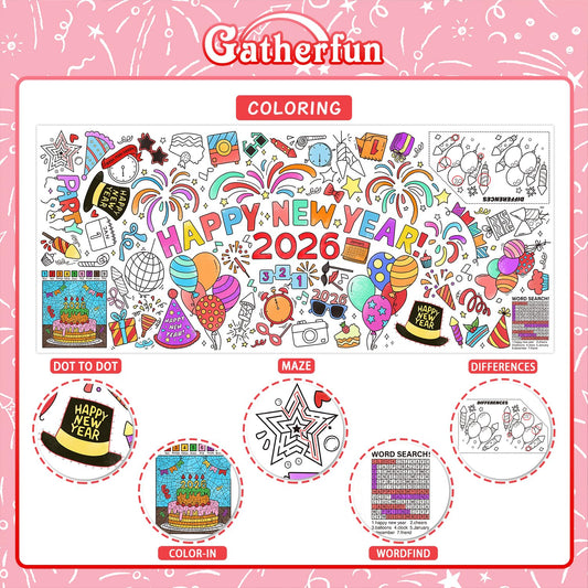 Gatherfun Happy New Year poster used as a table cover for parties