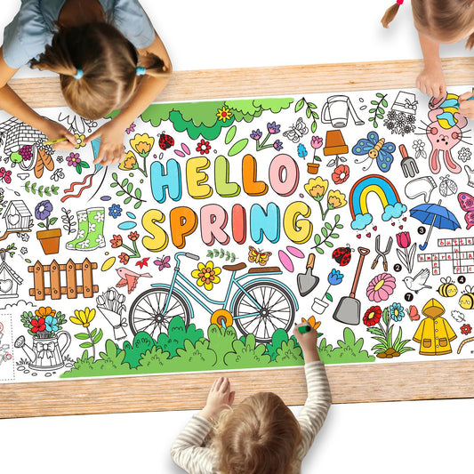 Gatherfun Hello Spring giant poster setup as classroom centerpiece for spring learning