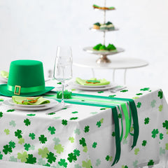 Gatherfun Leprechaun-approved table cover features vibrant shamrocks across white background