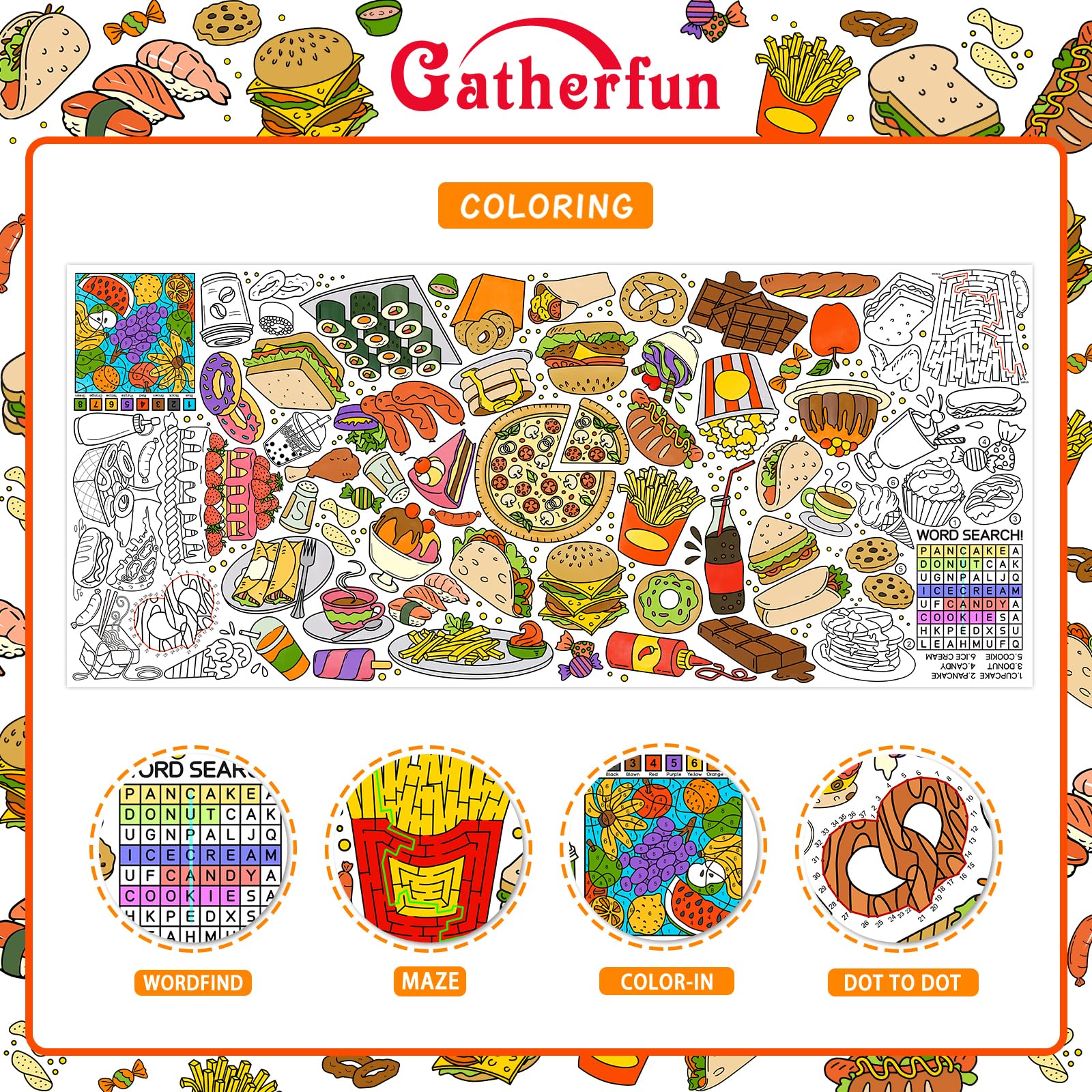 Gatherfun puzzles on poster include word find and maze for problem-solving play.