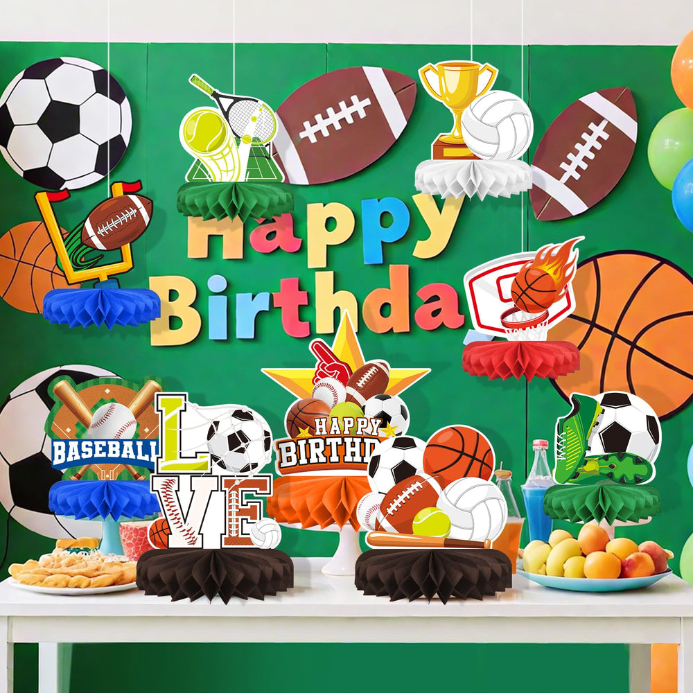 Gatherfun football honeycomb centerpiece enhances a sports-themed celebration table
