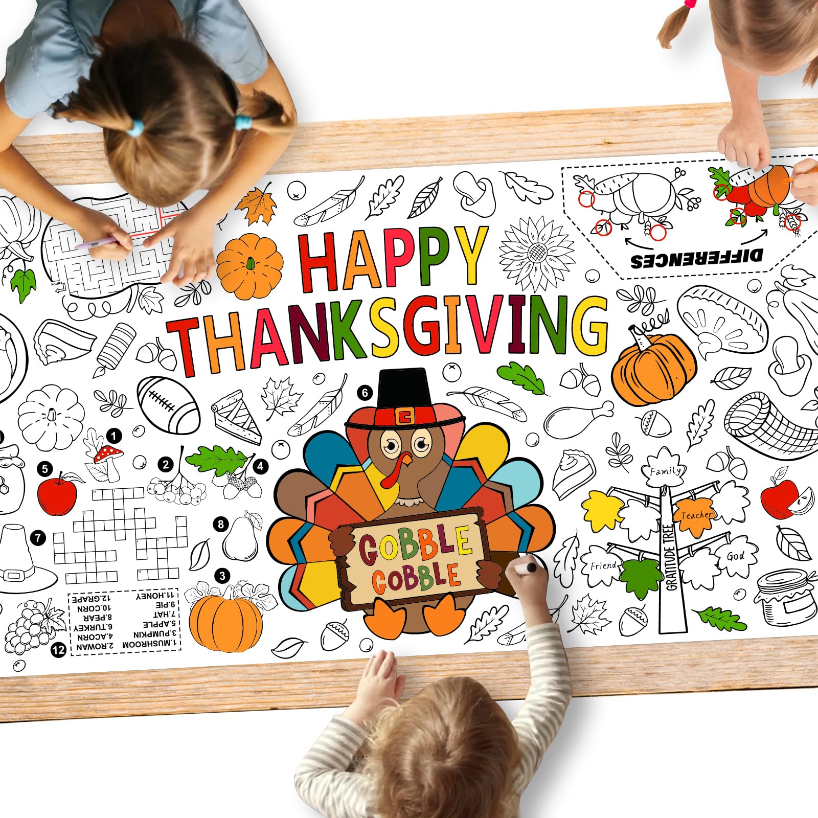 Gatherfun family fun Thanksgiving poster with a large coloring area for kids' creativity.