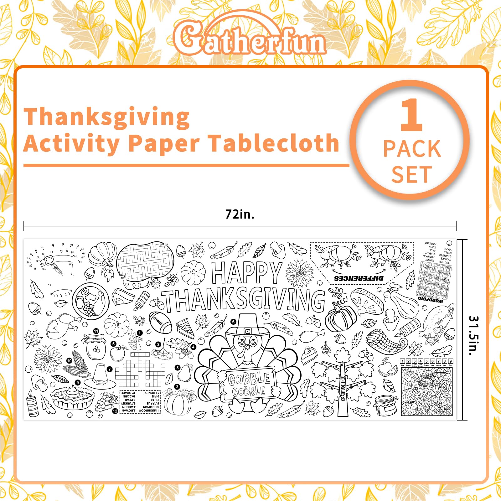 Gatherfun turkey and pumpkins motif enhances festive classroom or home décor.