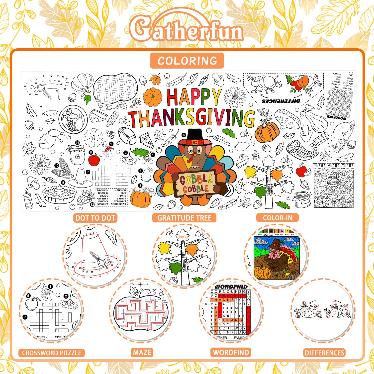 Gatherfun Thanksgiving poster with watercolor-safe coating for mess-free coloring.