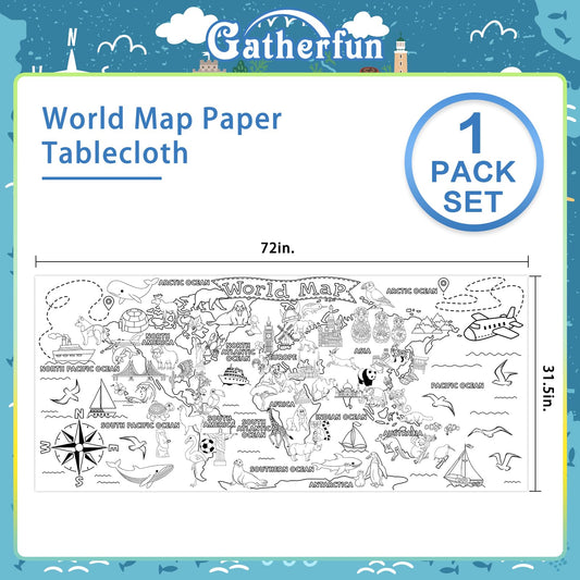 Gatherfun World Map Giant Coloring Poster serves as a vibrant table cover for school parties.