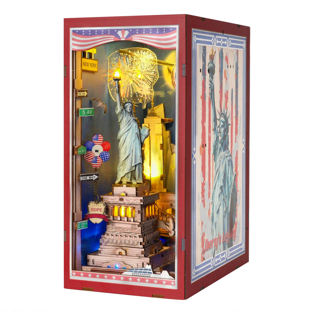 GATTLELIC Liberty's Legacy front view book nook kit enhances shelf display with timeless charm.