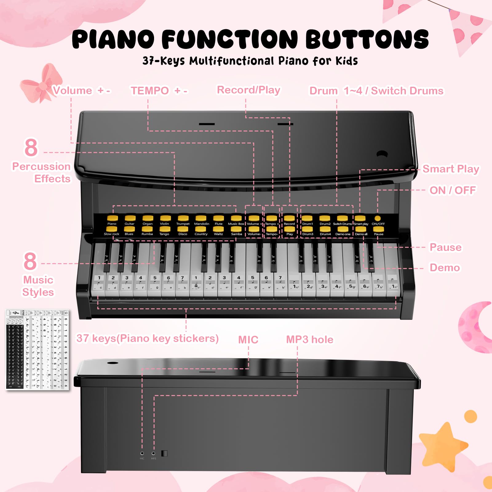 GAYUPLO child-friendly piano with microphone invites singing along during play.