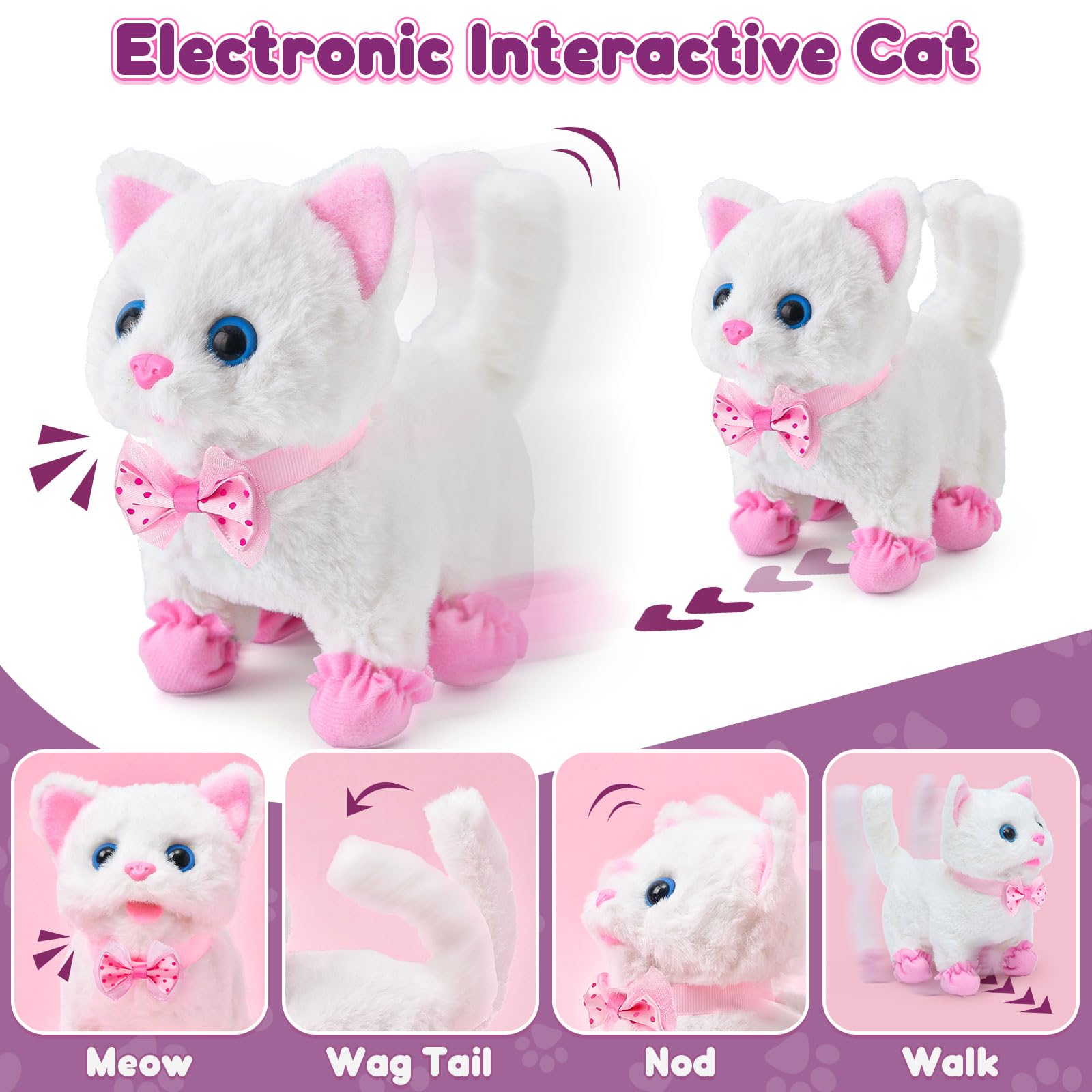 G.C Cat Toys interactive cat uses batteries for lifelike walking and meowing fun.