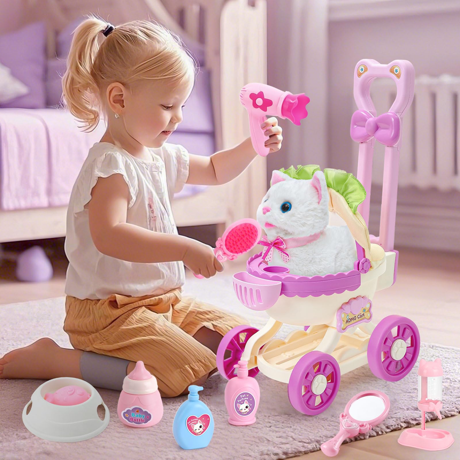 G.C Cat Toys pet perfume and shampoo bottle set for imaginative grooming.